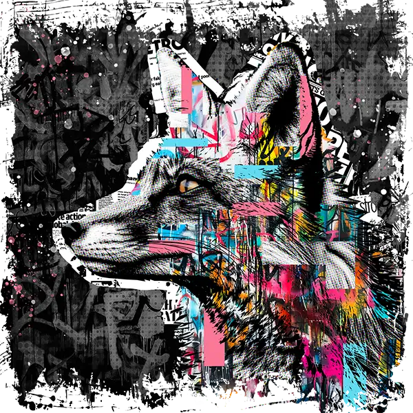 a foxes head shown looking to the left with multi-coloured pieces of graffiti overlaid onto it