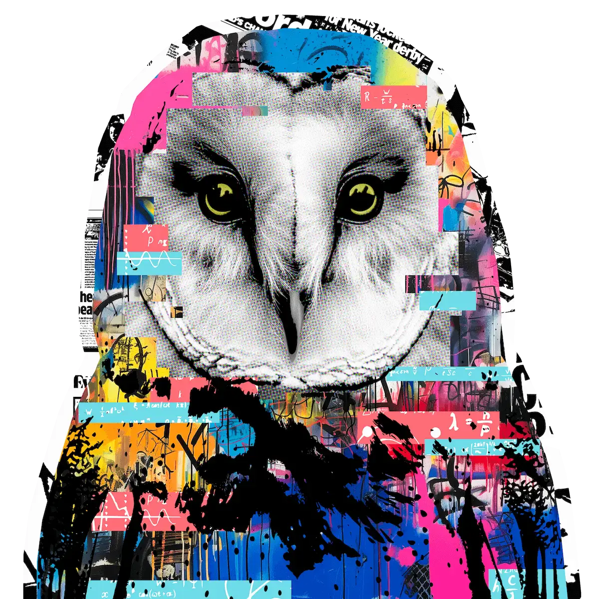 a barn owl made from multicoloured pieces of graffiti looks directly at you